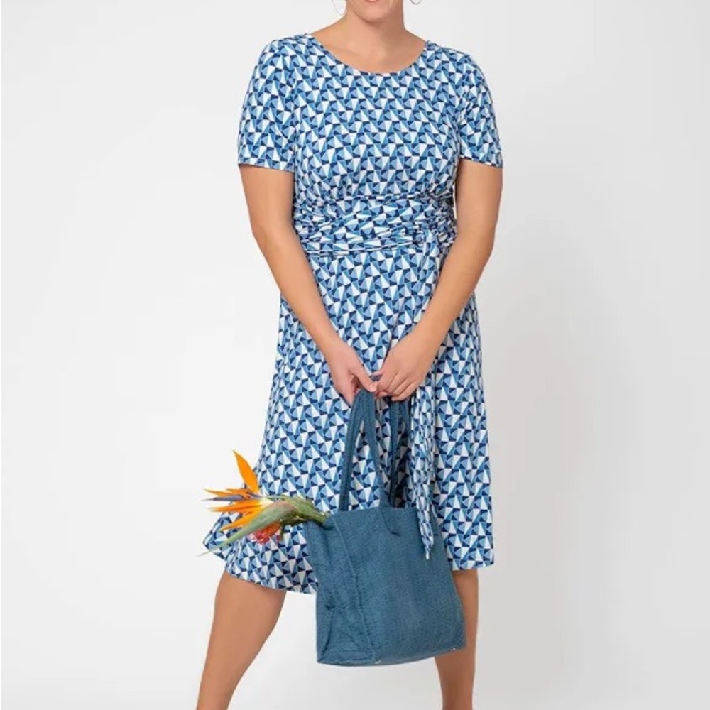 Leota Blue and White Wrap Tie Front Midi Dress